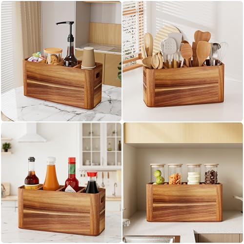Segtenant Utensil Holder for Kitchen Counter, Extra Large Utensil Holder for Countertop with 4 Compartments Wooden Cooking Utensil Organizer for Spatula Kitchen Storage, Acacia Wood - My Kitchen Products