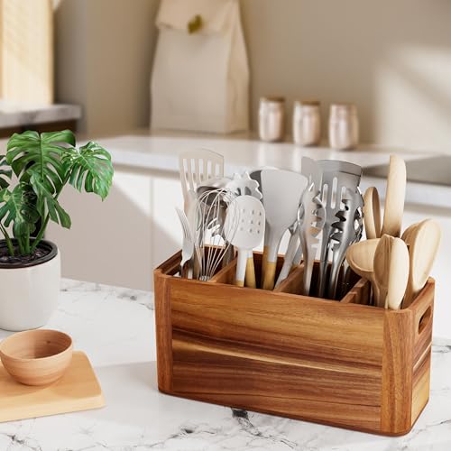 Segtenant Utensil Holder for Kitchen Counter, Extra Large Utensil Holder for Countertop with 4 Compartments Wooden Cooking Utensil Organizer for Spatula Kitchen Storage, Acacia Wood - My Kitchen Products