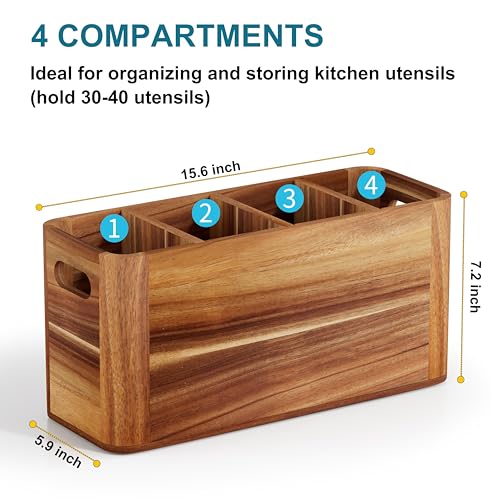 Segtenant Utensil Holder for Kitchen Counter, Extra Large Utensil Holder for Countertop with 4 Compartments Wooden Cooking Utensil Organizer for Spatula Kitchen Storage, Acacia Wood - My Kitchen Products