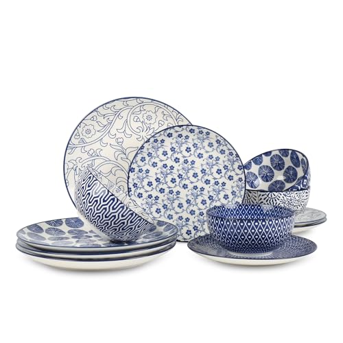 Selamica Ceramic Dinnerware Sets, 12-Pieces Plates and Bowls Sets, Scratch Resistant Dishes set for 4, Dishwasher & Microwave Safe,Vintage Blue - My Kitchen Products