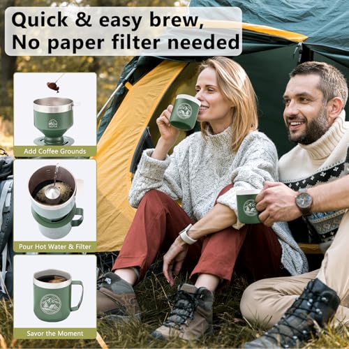 SELFLA Stainless Steel Pour Over Coffee Filter, Reusable Dripper for Insulated Mugs, Paperless Coffee Maker for Hiking, Camping & Outdoor Adventures, Rinse-clean & Portable - Green - My Kitchen Products