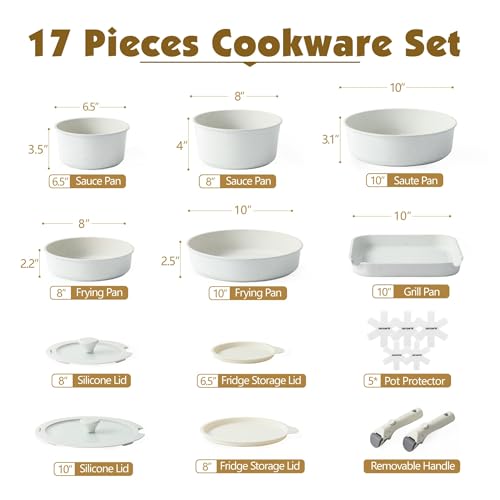 SENSARTE 17 Piece Pots and Pans Set, Nonstick Detachable Handle Cookware Set, Induction Kitchen Cookware Set with Removable Handle, Healthy Non Stick for RV, Dishwasher ＆ Oven Safe, PFOA Free (White) - My Kitchen Products