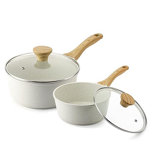 SENSARTE White Ceramic Nonstick Saucepan with Lid Set, Small Cooking Pot with Stay Cool Handle, Induction Compatible Saucepot, White Granite Coating, PFOA/PFAS Free, 1.5 + 2.5QT - My Kitchen Products