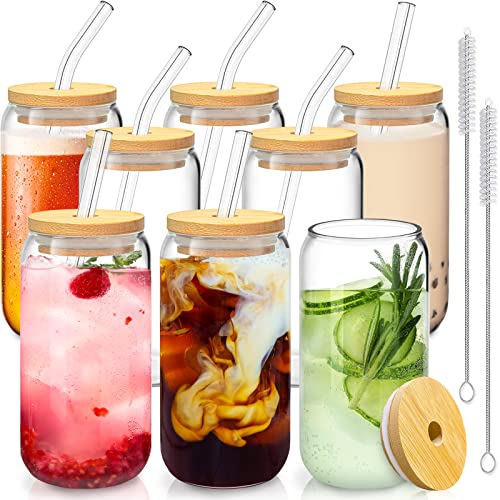 SENTVEND 16 Oz Drinking Glasses with Bamboo Lids and Glass Straw - 8 Pcs Glass Cups Beer Ice Coffee Glasses Cute Aesthetic Cup Great for Coffee Bar Accessories Include 2 Cleaning Brushes - My Kitchen Products