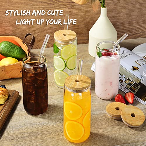 SENTVEND 20 Oz Drinking Glasses with Bamboo Lids and Glass Straw - 6 Pcs Glass Cups Beer Ice Coffee Glasses Cute Aesthetic Cup Great for Coffee Bar Accessories Include 2 Cleaning Brushes - My Kitchen Products