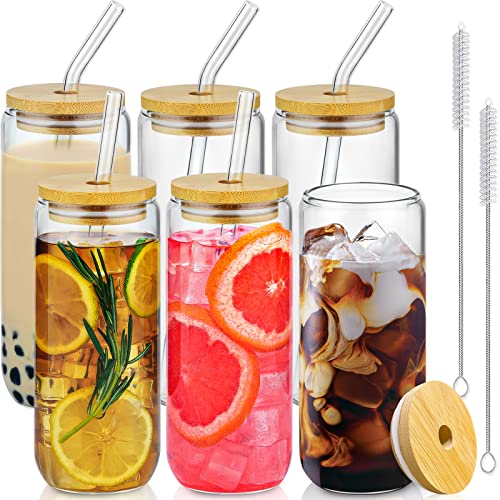 SENTVEND 20 Oz Drinking Glasses with Bamboo Lids and Glass Straw - 6 Pcs Glass Cups Beer Ice Coffee Glasses Cute Aesthetic Cup Great for Coffee Bar Accessories Include 2 Cleaning Brushes - My Kitchen Products
