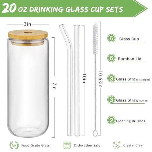 SENTVEND 20 Oz Drinking Glasses with Bamboo Lids and Glass Straw - 6 Pcs Glass Cups Beer Ice Coffee Glasses Cute Aesthetic Cup Great for Coffee Bar Accessories Include 2 Cleaning Brushes - My Kitchen Products