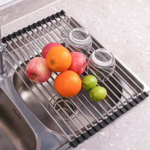Seropy Roll Up Dish Drying Rack Over the Sink Drying Rack for Kitchen Counter, Rolling Dish Rack Over Sink Mat, Foldable Dish Drainer Stainless Steel Rack Kitchen Organization Gadgets 17.5"x11.8" - My Kitchen Products