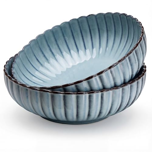 Serving Bowls, Durable Ceramic, Large, Microwave and Dishwasher Safe, Scalloped Shell Shape, Ombre Blue, 70 oz, Set of