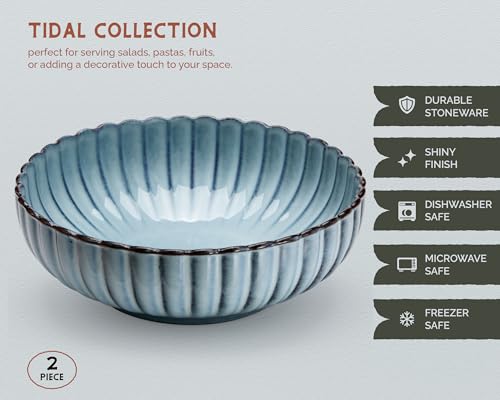 Serving Bowls, Durable Ceramic, Large, Microwave and Dishwasher Safe, Scalloped Shell Shape, Ombre Blue, 70 oz, Set of 2, Tidal Collection - My Kitchen Products