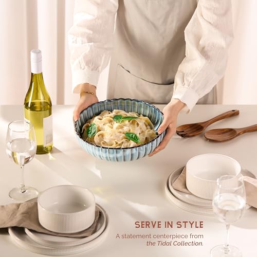 Serving Bowls, Durable Ceramic, Large, Microwave and Dishwasher Safe, Scalloped Shell Shape, Ombre Blue, 70 oz, Set of 2, Tidal Collection - My Kitchen Products