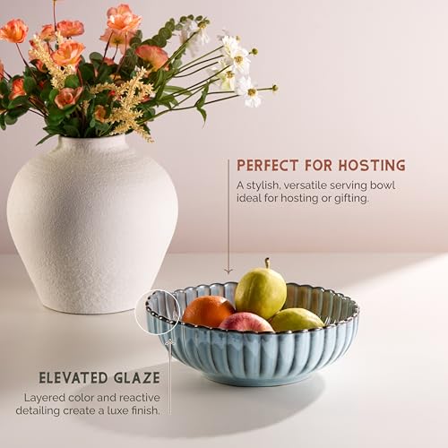 Serving Bowls, Durable Ceramic, Large, Microwave and Dishwasher Safe, Scalloped Shell Shape, Ombre Blue, 70 oz, Set of 2, Tidal Collection - My Kitchen Products
