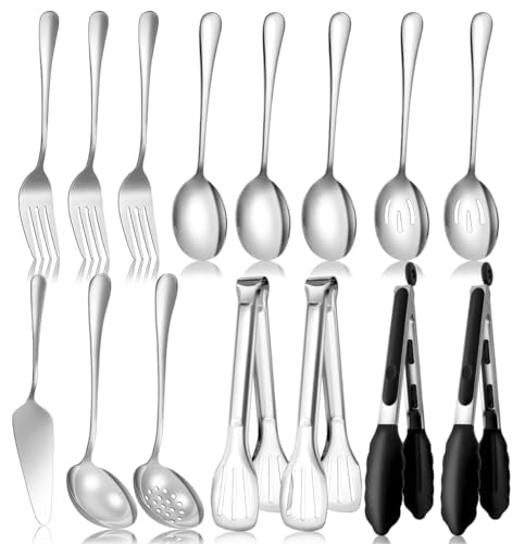 Serving Utensils Set for Partie, Silver Stainless Steel Metal Serveware Large Serving Spoons, Slotted Spoons, Forks