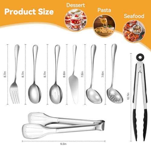 Serving Utensils Set for Partie, Silver Stainless Steel Metal Serveware Large Serving Spoons, Slotted Spoons, Forks, Tongs, Soup and Skimmer Spoon, Cake Server for Buffet, Catering, Entertaining 15pcs - My Kitchen Products