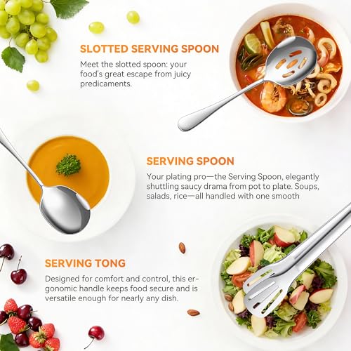 Serving Utensils Set for Partie, Stainless Steel Metal Serveware Flatware Large Serving Spoons, Slotted Spoons, Forks, Tongs, Soup and Skimmer Spoon, Cake Server for Buffet, Party, Catering - My Kitchen Products