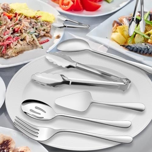 Serving Utensils, XEVOM 6-Piece Stainless Steel Serving Utensil Set Include Serving Spoon, Slotted Serving Spoon, Serving Fork,Serving Tong, Appetizers Tong,Pie Server (Silver), Regular - My Kitchen Products