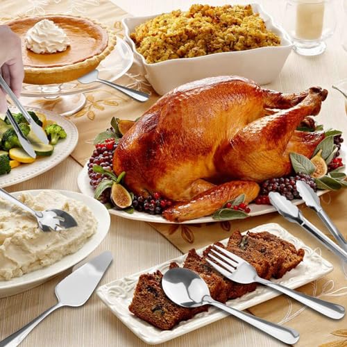 Serving Utensils, XEVOM 6-Piece Stainless Steel Serving Utensil Set Include Serving Spoon, Slotted Serving Spoon, Serving Fork,Serving Tong, Appetizers Tong,Pie Server (Silver), Regular - My Kitchen Products