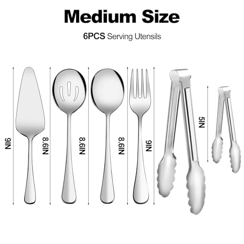 Serving Utensils, XEVOM 6-Piece Stainless Steel Serving Utensil Set Include Serving Spoon, Slotted Serving Spoon, Serving Fork,Serving Tong, Appetizers Tong,Pie Server (Silver), Regular - My Kitchen Products