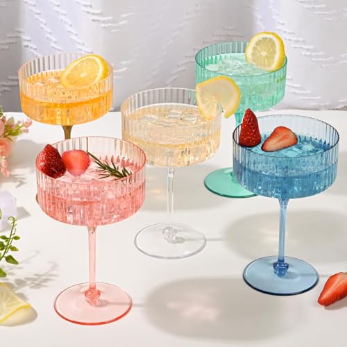 Set of 12 Plastic Martini Glasses, 10 oz Ribbed Coupe Glasses for Cocktails and Martinis, Disposable Espresso Martini Glasses. Ideal for Parties, Weddings, and Home Bars, Crystal Vintage Cups (Clear) - My Kitchen Products