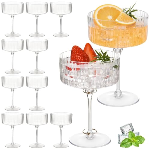Set of 12 Plastic Martini Glasses, 10 oz Ribbed Coupe Glasses for Cocktails and Martinis, Disposable Espresso Martini