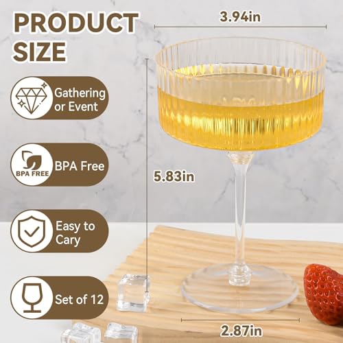 Set of 12 Plastic Martini Glasses, 10 oz Ribbed Coupe Glasses for Cocktails and Martinis, Disposable Espresso Martini Glasses. Ideal for Parties, Weddings, and Home Bars, Crystal Vintage Cups (Clear) - My Kitchen Products