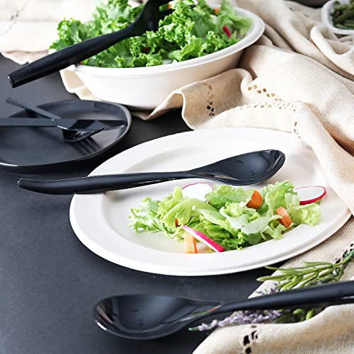 Set of 18 - Heavy Duty Disposable Plastic Serving Utensils, Six 10” Spoons and Forks, Six 6-1/2” Tongs, Black - My Kitchen Products