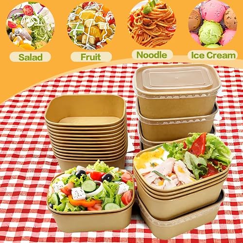 Seuqhck 50 Pack Paper Meal Prep Containers with Lids, 20 oz Disposable and Compostable Take out Food Containers Rectangular to Go Paper Bowls for Leftovers, Salad, Soup, Snack - My Kitchen Products