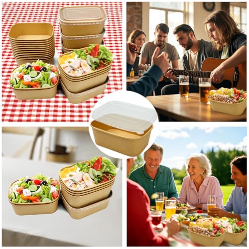 Seuqhck 50 Pack Paper Meal Prep Containers with Lids, 20 oz Disposable and Compostable Take out Food Containers Rectangular to Go Paper Bowls for Leftovers, Salad, Soup, Snack - My Kitchen Products
