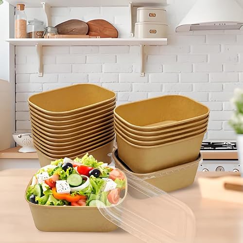 Seuqhck 50 Pack Paper Meal Prep Containers with Lids, 20 oz Disposable and Compostable Take out Food Containers Rectangular to Go Paper Bowls for Leftovers, Salad, Soup, Snack - My Kitchen Products