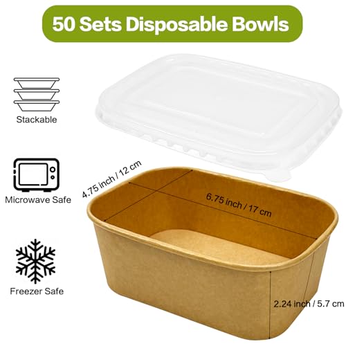 Seuqhck 50 Pack Paper Meal Prep Containers with Lids, 20 oz Disposable and Compostable Take out Food Containers Rectangular to Go Paper Bowls for Leftovers, Salad, Soup, Snack - My Kitchen Products