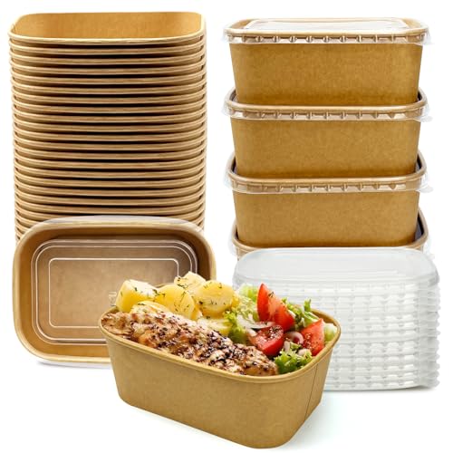 Seuqhck 50 Pack Paper Meal Prep Containers with Lids, 20 oz Disposable and Compostable Take out Food Containers Rectangular to Go Paper Bowls for Leftovers, Salad, Soup, Snack - My Kitchen Products
