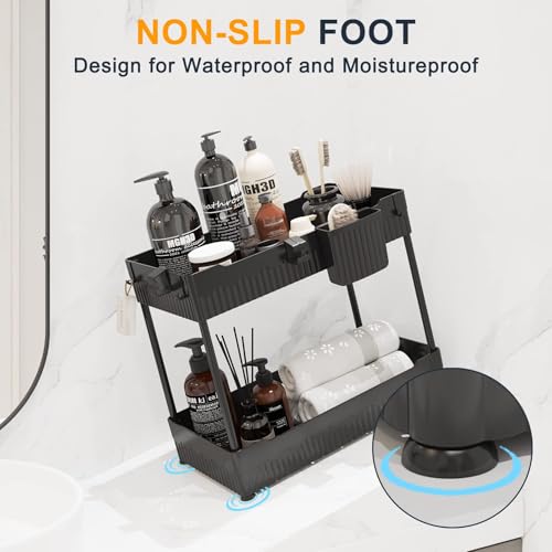 Sevenblue 2 Pack Under Sink Organizer, Under Bathroom Cabinet Organizer with Hooks Hanging Cup, Multi-Purpose Storage Shelf for Kitchen Bathroom, Black - My Kitchen Products