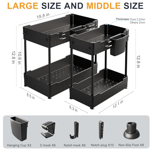 Sevenblue 2 Pack Under Sink Organizer, Under Bathroom Cabinet Organizer with Hooks Hanging Cup, Multi-Purpose Storage Shelf for Kitchen Bathroom, Black - My Kitchen Products