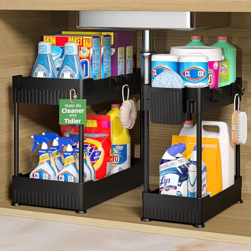 Sevenblue 2 Pack Under Sink Organizer, Under Bathroom Cabinet Organizer with Hooks Hanging