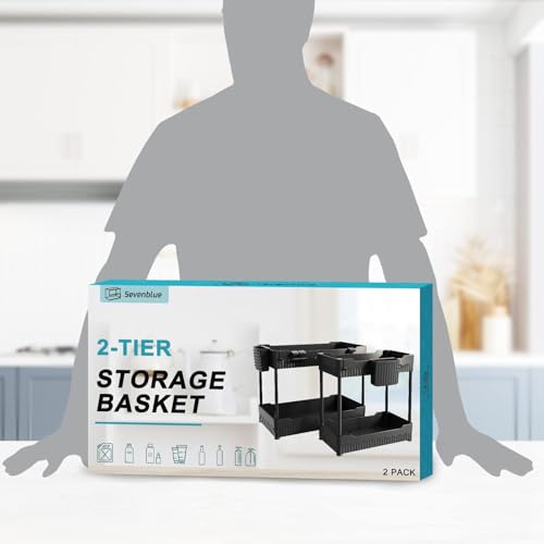 Sevenblue 2 Pack Under Sink Organizer, Under Bathroom Cabinet Organizer with Hooks Hanging Cup, Multi-Purpose Storage Shelf for Kitchen Bathroom, Black - My Kitchen Products