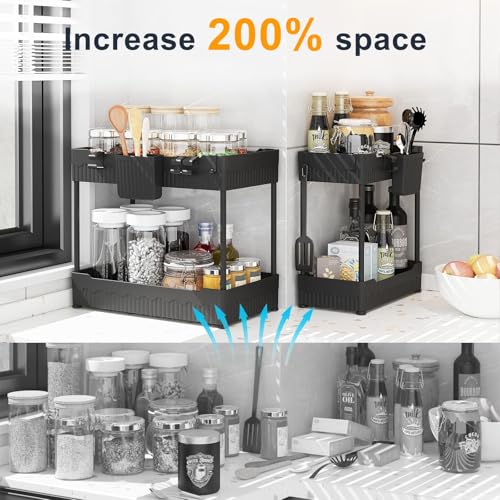 Sevenblue 2 Pack Under Sink Organizer, Under Bathroom Cabinet Organizer with Hooks Hanging Cup, Multi-Purpose Storage Shelf for Kitchen Bathroom, Black - My Kitchen Products