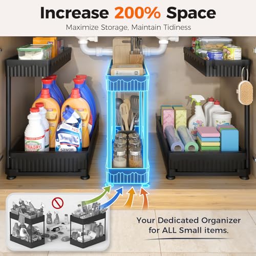 Sevenblue 3 Pack Multi-Purpose Pull-Out Storage Organizers, 2-Tier L-Shaped Under Sink/Cabinet Organizers and Storage for Bathroom & Kitchen, (Black, 12.85 Inches) - My Kitchen Products