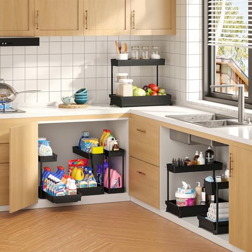 Sevenblue 3 Pack Multi-Purpose Pull-Out Storage Organizers, 2-Tier L-Shaped Under Sink/Cabinet Organizers and Storage for Bathroom & Kitchen, (Black, 12.85 Inches) - My Kitchen Products