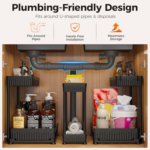 Sevenblue 3 Pack Multi-Purpose Pull-Out Storage Organizers, 2-Tier L-Shaped Under Sink/Cabinet Organizers and Storage for Bathroom & Kitchen, (Black, 12.85 Inches) - My Kitchen Products