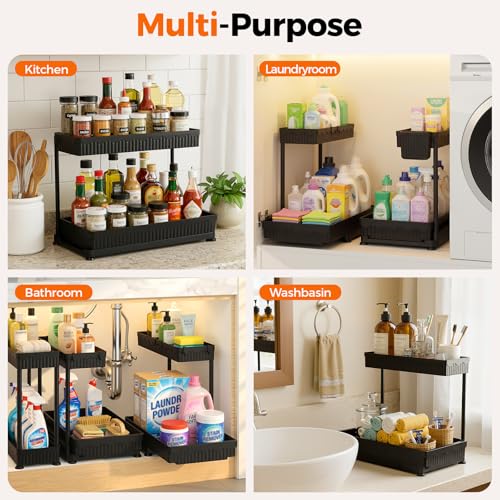 Sevenblue 3 Pack Multi-Purpose Pull-Out Storage Organizers, 2-Tier L-Shaped Under Sink/Cabinet Organizers and Storage for Bathroom & Kitchen, (Black, 12.85 Inches) - My Kitchen Products