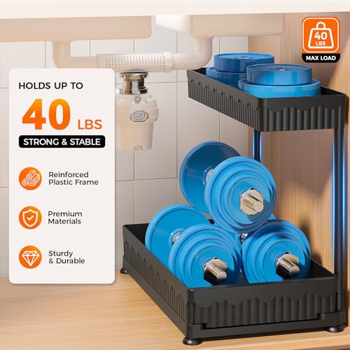Sevenblue 3 Pack Multi-Purpose Pull-Out Storage Organizers, 2-Tier L-Shaped Under Sink/Cabinet Organizers and Storage for Bathroom & Kitchen, (Black, 12.85 Inches) - My Kitchen Products