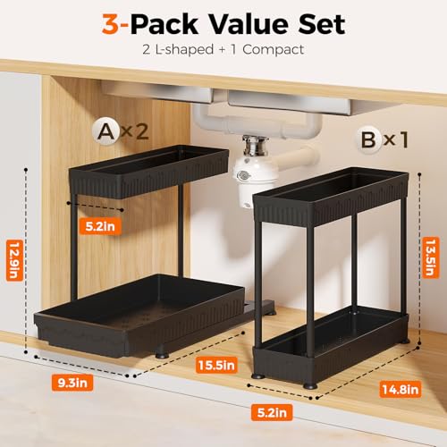 Sevenblue 3 Pack Multi-Purpose Pull-Out Storage Organizers, 2-Tier L-Shaped Under Sink/Cabinet Organizers and Storage for Bathroom & Kitchen, (Black, 12.85 Inches) - My Kitchen Products
