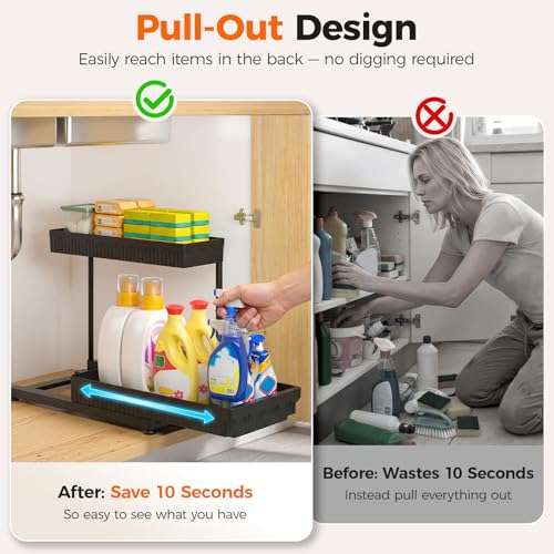 Sevenblue 3 Pack Multi-Purpose Pull-Out Storage Organizers, 2-Tier L-Shaped Under Sink/Cabinet Organizers and Storage for Bathroom & Kitchen, (Black, 12.85 Inches) - My Kitchen Products