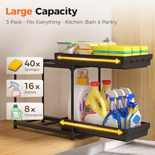 Sevenblue 3 Pack Under Sink Organizer, 2 Tier Pull Out Bathroom Cabinet Organizer, Multi-Purpose Storage Shelf for Kitchen (2-Tier Sliding, 12.8 Inch) - My Kitchen Products
