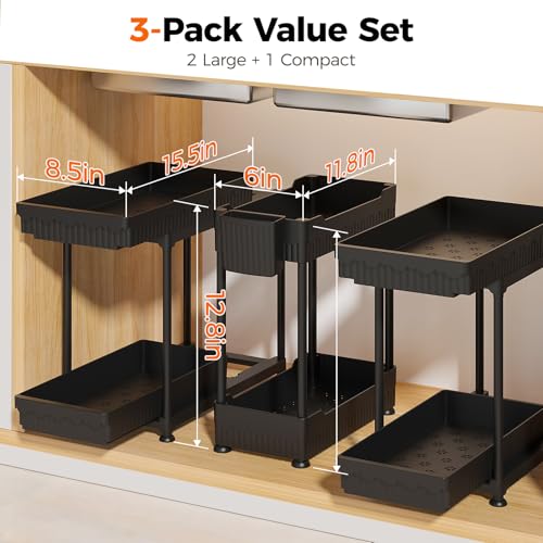 Sevenblue 3 Pack Under Sink Organizer, 2 Tier Pull Out Bathroom Cabinet Organizer, Multi-Purpose Storage Shelf for Kitchen (2-Tier Sliding, 12.8 Inch) - My Kitchen Products