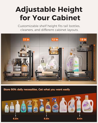 Sevenblue 3 Pack Under Sink Organizer, Height Adjustable 2 Tier Pull-Out Metal Under Kitchen Sink Organizer, Multi-Purpose Storage Shelves for Kitchen Bathroom Cabinet, Black - My Kitchen Products