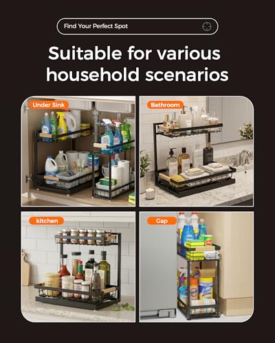 Sevenblue 3 Pack Under Sink Organizer, Height Adjustable 2 Tier Pull-Out Metal Under Kitchen Sink Organizer, Multi-Purpose Storage Shelves for Kitchen Bathroom Cabinet, Black - My Kitchen Products