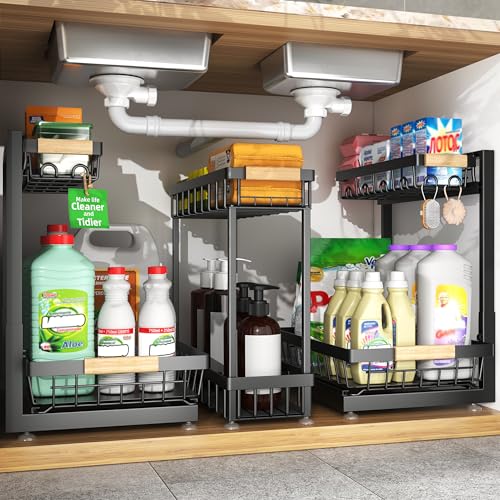 Sevenblue 3 Pack Under Sink Organizer, Height Adjustable 2 Tier Pull-Out Metal Under Kitchen Sink