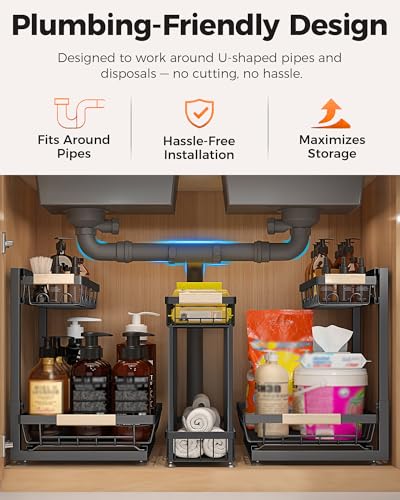 Sevenblue 3 Pack Under Sink Organizer, Height Adjustable 2 Tier Pull-Out Metal Under Kitchen Sink Organizer, Multi-Purpose Storage Shelves for Kitchen Bathroom Cabinet, Black - My Kitchen Products