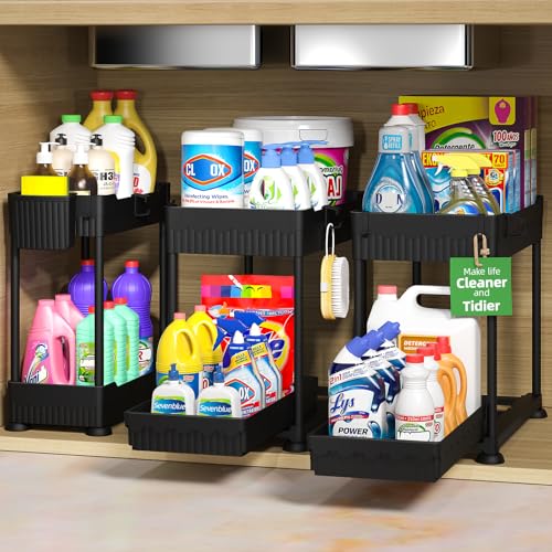 Sevenblue 3 Pack Under Sink Organizers,2-Tier Multi-Use Kitchen and Bathroom Organizers and Storage with Sliding Drawers,Bathroom Cabinet Organizer (Black, 12.8 Inch) - My Kitchen Products